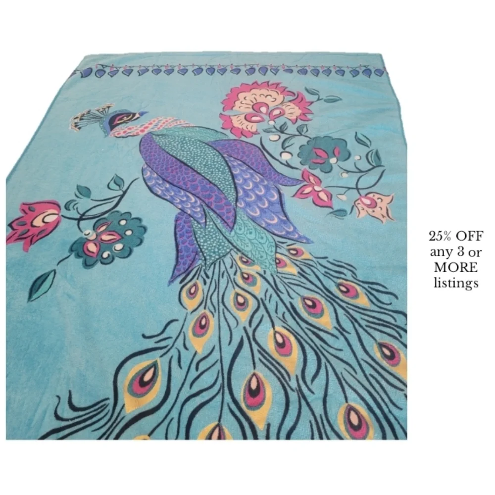 Colorful Peacock Giant Beach Towel Aqua Feathers Oversized Blue Graphic Print